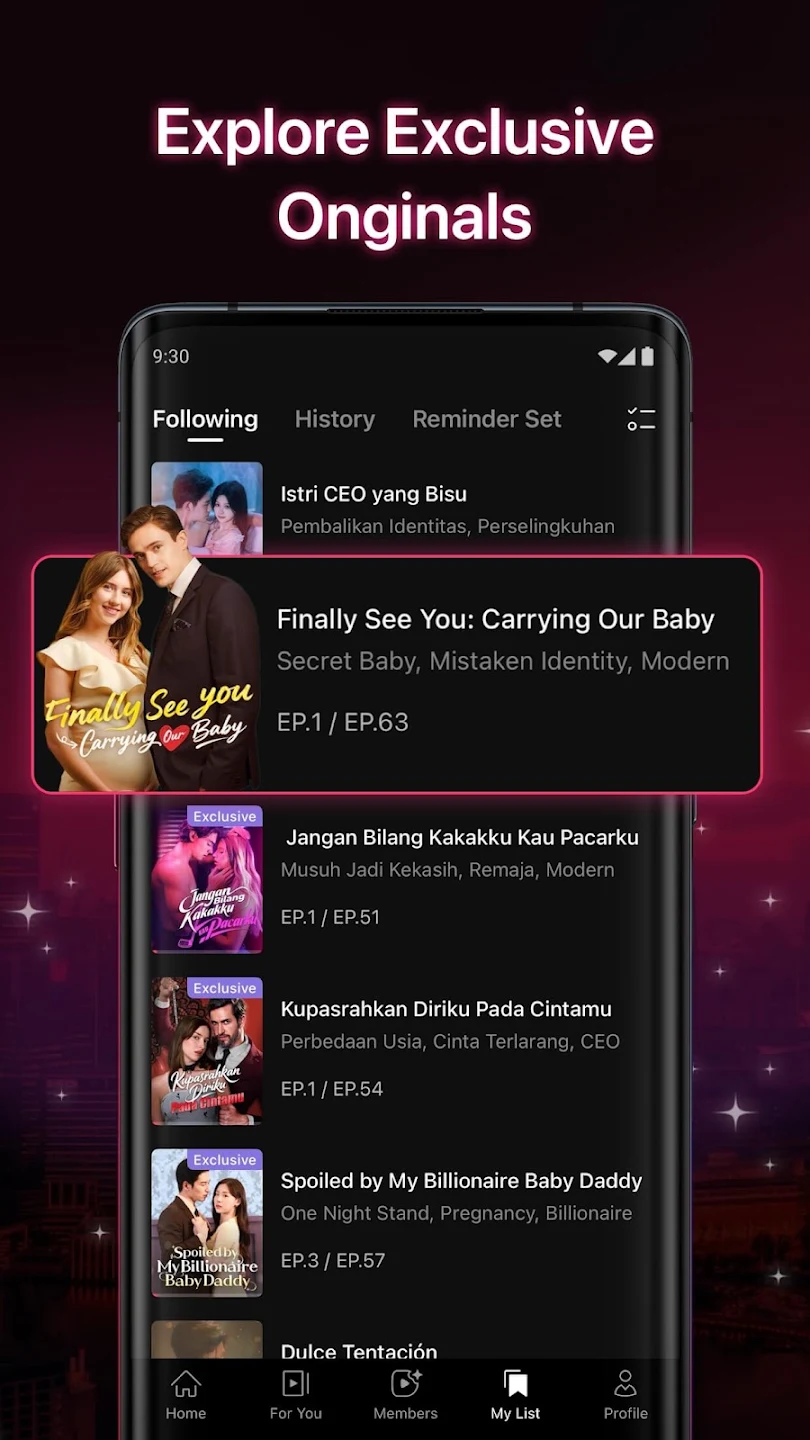 DramaBox promotional image showing following, history and reminder lists